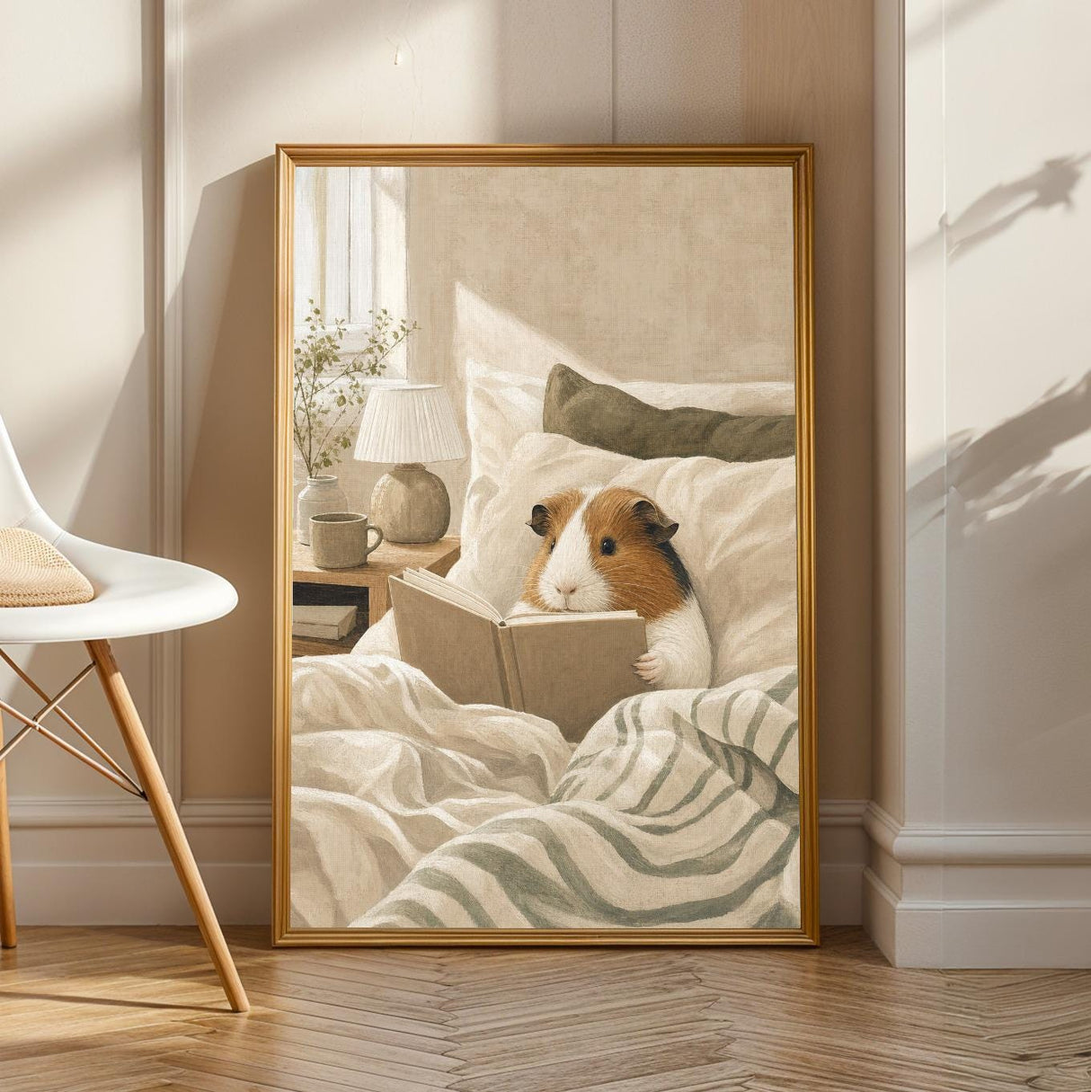 American Guinea Pig Reading in Bed Poster | Nordic Gouache Guinea Pig Wall Art | Warm Beige Oat Milk Decor | Cozy Minimalist Bedroom Print