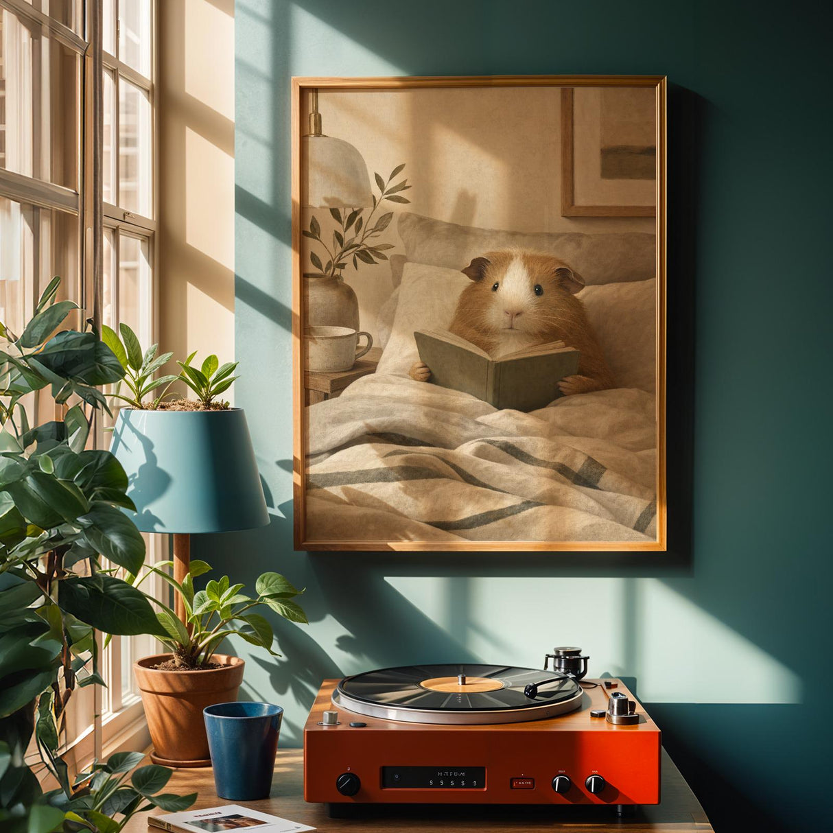 Teddy Guinea Pig Reading in Bed Poster | Soft Gouache Oat Milk Beige Wall Art | Cozy Minimalist Bedroom Decor Print | Nursery Nook Art