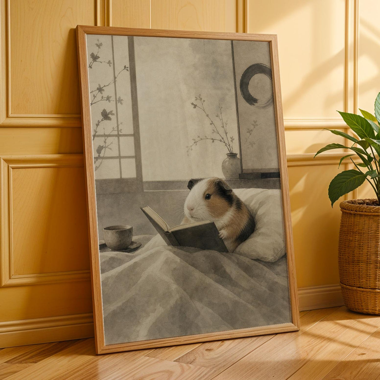 American Guinea Pig Reading in Bed Poster | Japanese Zen Ink Wash Guinea Pig Wall Art | Warm Ivory Fog Gray Decor | Minimalist Bedroom Print