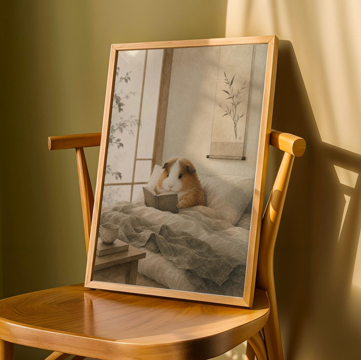 Teddy Guinea Pig Reading in Bed Poster | Japanese Zen Sumi-e Guinea Pig Wall Art | Warm Ivory Fog Gray Decor | Minimalist Bedroom Print