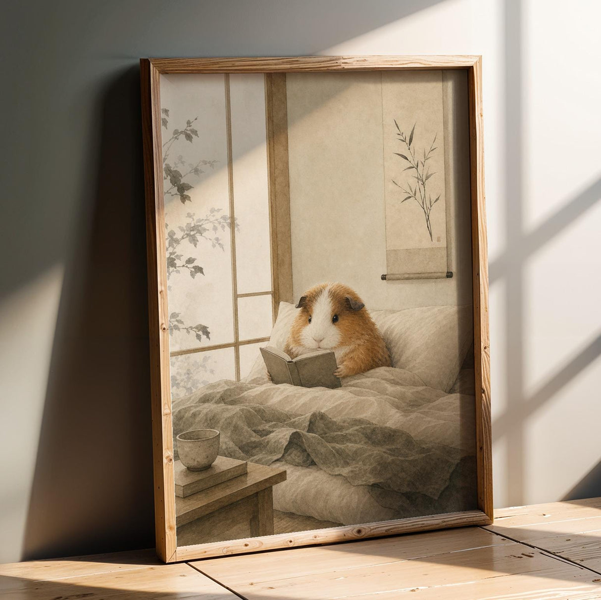 Teddy Guinea Pig Reading in Bed Poster | Japanese Zen Sumi-e Guinea Pig Wall Art | Warm Ivory Fog Gray Decor | Minimalist Bedroom Print