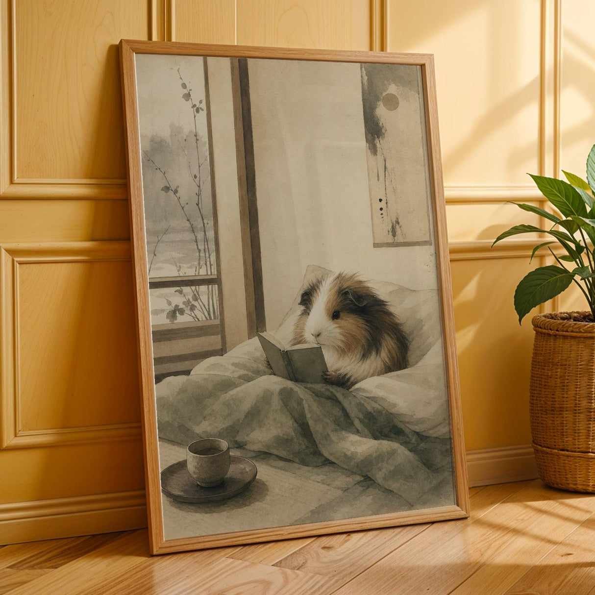 Sheltie Guinea Pig Reading in Bed Poster | Japanese Zen Ink Wash Guinea Pig Wall Art | Warm Ivory Fog Gray Decor | Living Room Print