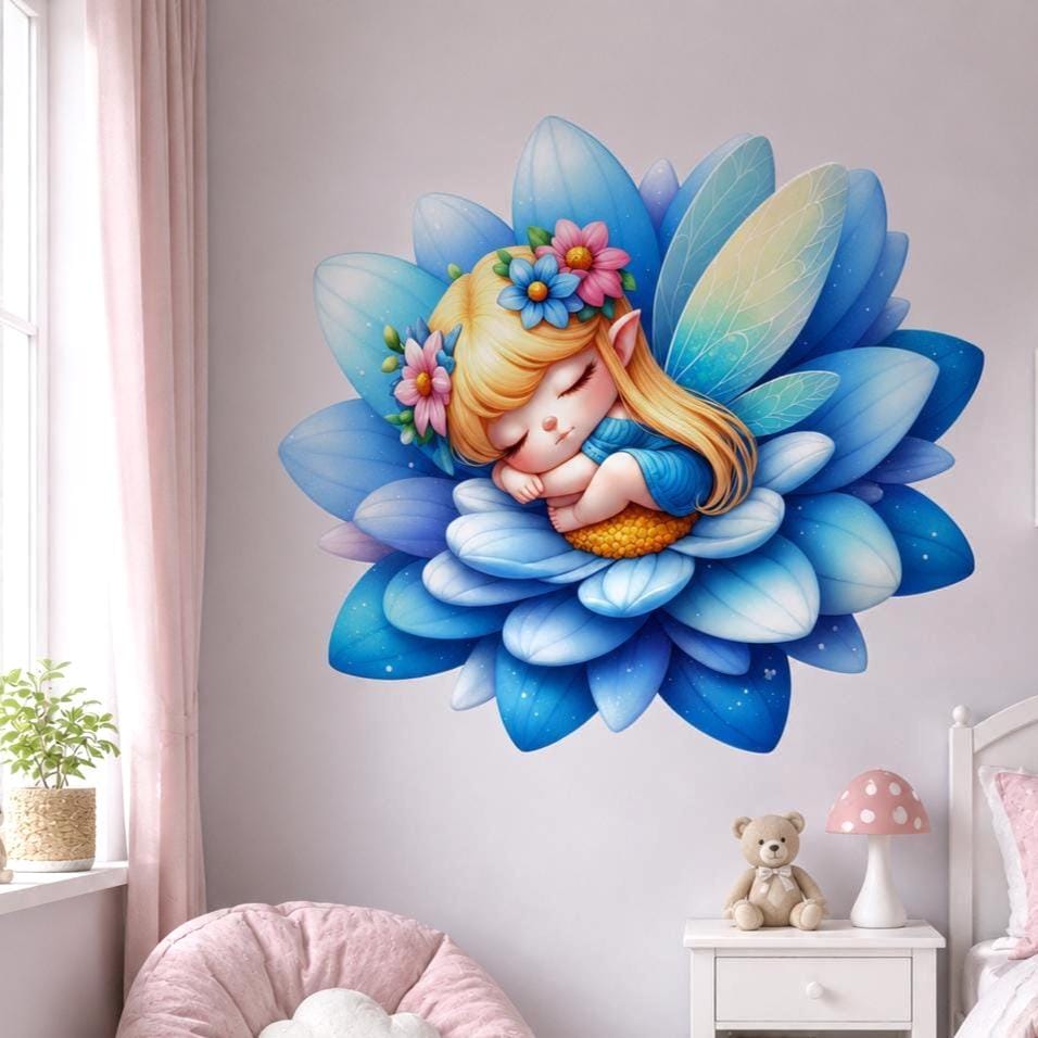 Cute sleeping fairy with blonde hair and delicate wings resting on a large blue flower, with small pink and blue blossoms, as a wall vinyl decal.