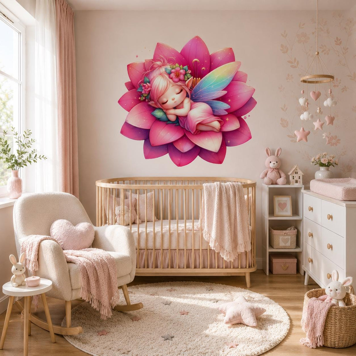 Sleeping Fairy Wall Vinyl Decal | Cute Pink Lotus Flower Fairy Sticker | Nursery Bedroom Wall Art | Whimsical Baby Girl Room Decor