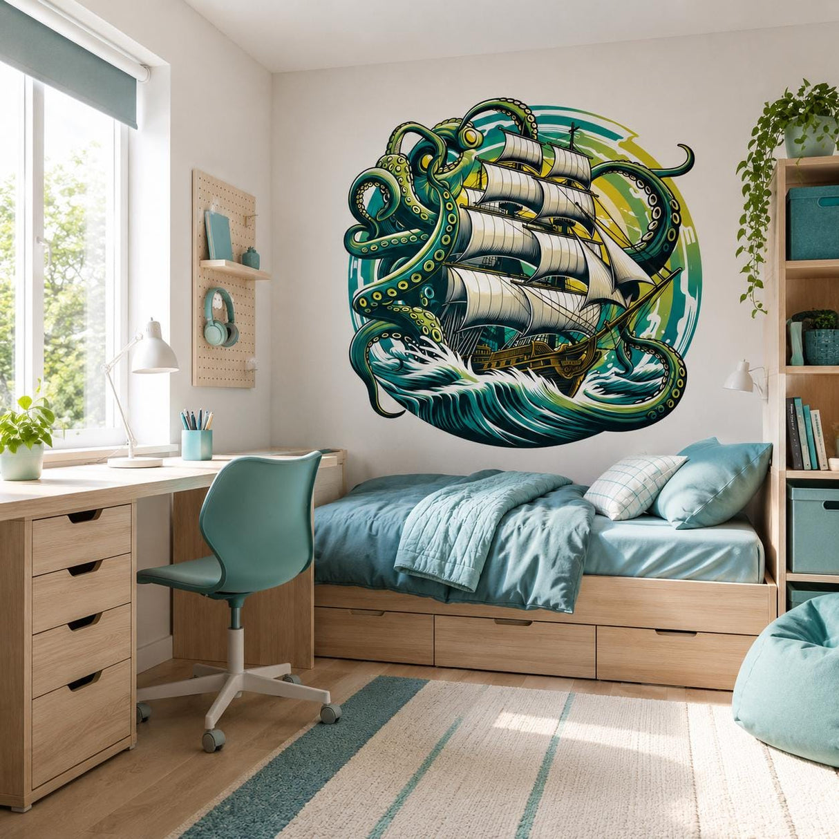 Kraken Pirate Ship Wall Vinyl Decal | Octopus Sea Monster Sticker | Nautical Ocean Wall Art | Sailing Adventure Decor | 3D Wave Design