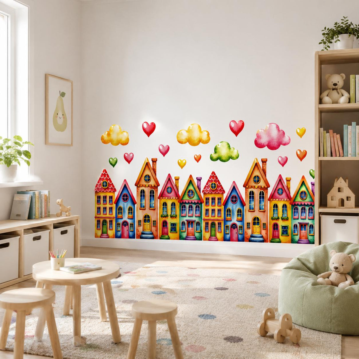 Colorful Watercolor Houses Wall Vinyl Decal | Rainbow Town Street Sticker | Cute Clouds Hearts Wall Art | Nursery Kids Room Playroom Decor