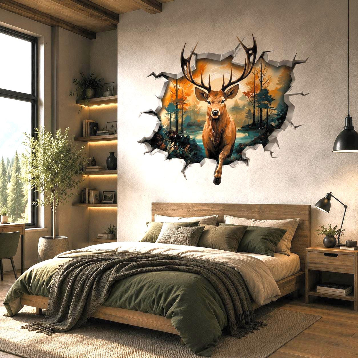 3D Deer Wall Vinyl Decal | Stag Broken Wall Illusion Sticker | Forest Wildlife Wall Art | Rustic Cabin Lodge Decor | Autumn Scene