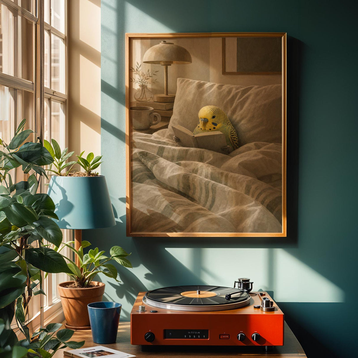 Yellowface Budgerigar Reading in Bed Poster | Modern Gouache Bird Wall Art | Warm Neutral Bedroom Decor | Cozy Minimalist Nook Print