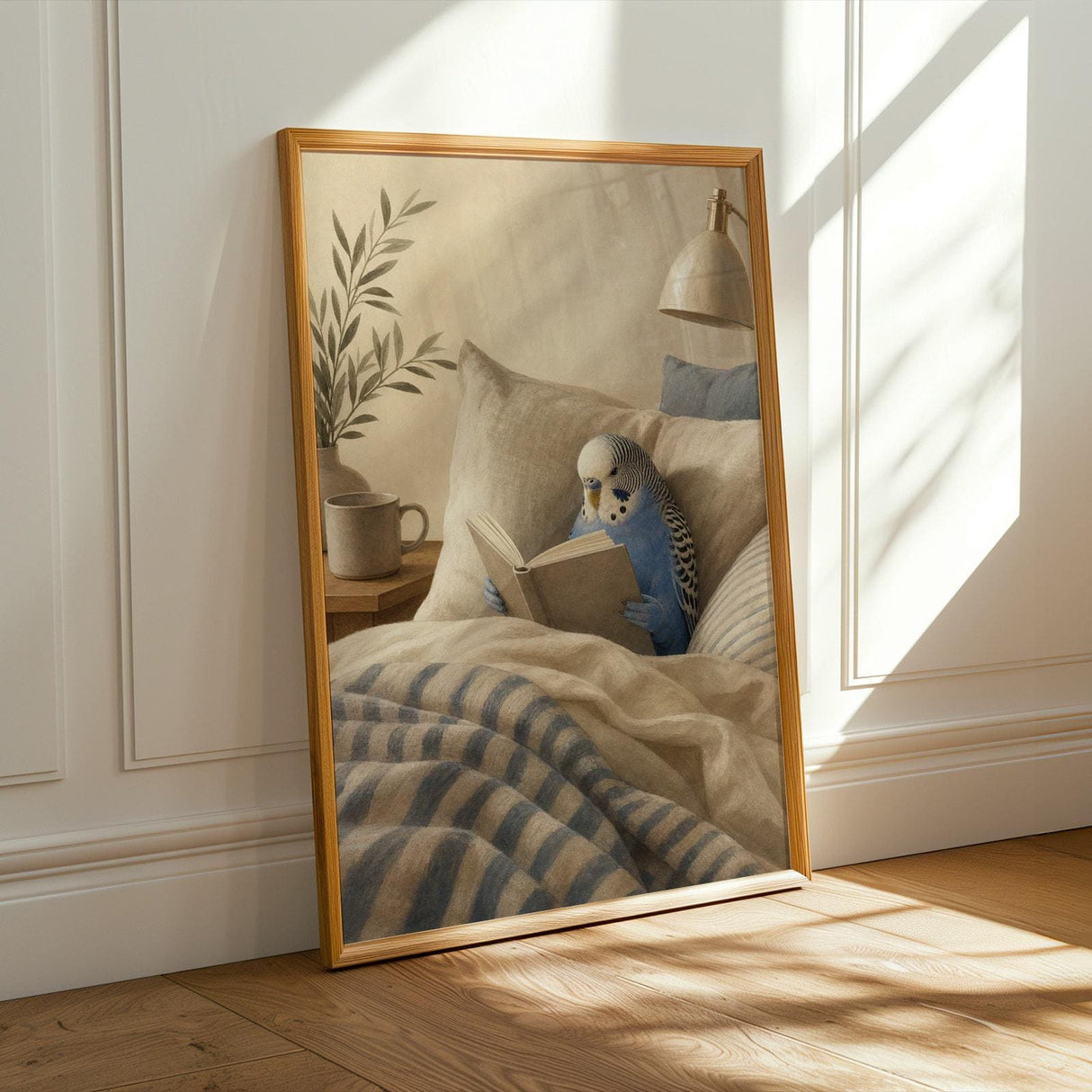 Cobalt Blue Budgerigar Reading in Bed Poster | Modern Gouache Bird Wall Art | Cobalt Blue Warm Beige Decor | Cozy Minimalist Bedroom Print