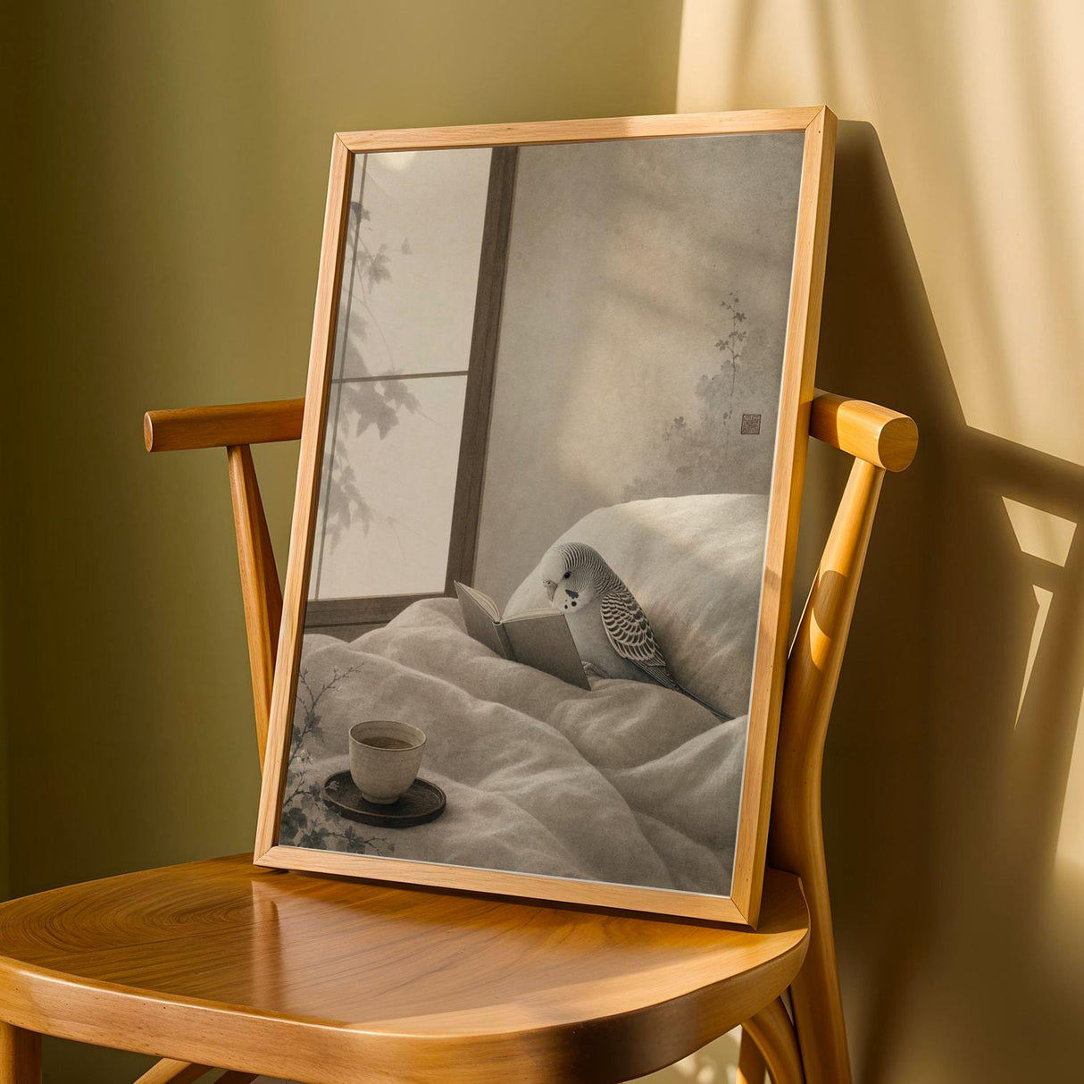 Silver Budgerigar Reading in Bed Poster | Japanese Zen Sumi-e Bird Wall Art | Warm Ivory Fog Gray Decor | Minimalist Bedroom Print