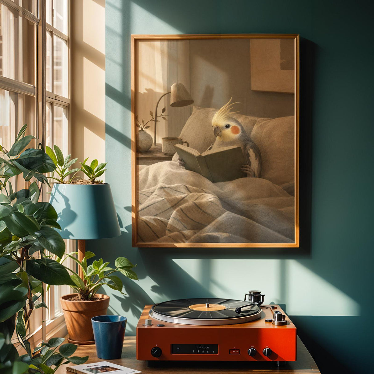 Cockatiel Reading in Bed Poster | Scandinavian Gouache Bird Wall Art | Warm Beige Blue Gray Decor | Cozy Minimalist Bedroom Print