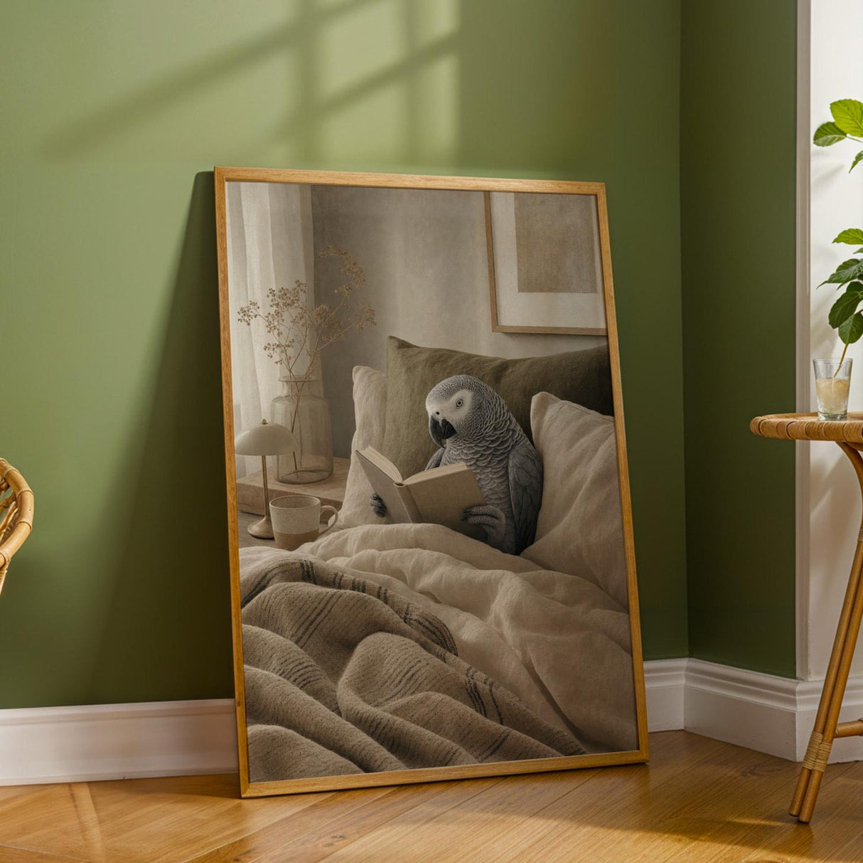 African Grey Parrot Reading in Bed Poster | Modern Soft Gouache Bird Wall Art | Warm Beige Oat Milk Decor | Cozy Minimalist Bedroom Print