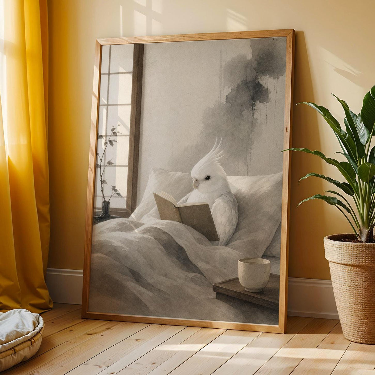 Cockatiel Reading in Bed Poster | Japanese Zen Sumi-e Bird Wall Art | Warm Ivory Fog Gray Decor | Minimalist Reading Nook Print