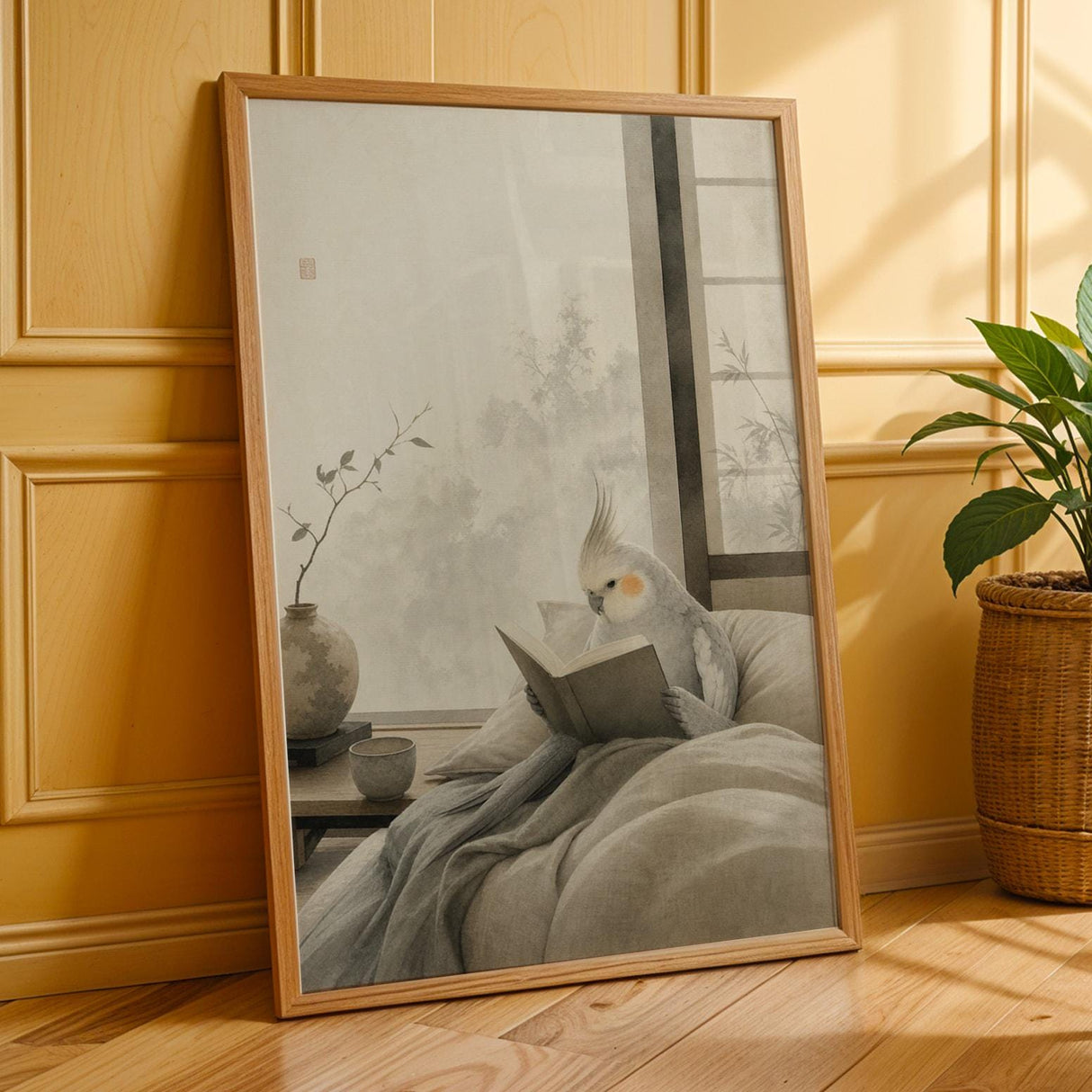 Light Silver Cockatiel Reading in Bed Poster | Japanese Zen Sumi-e Bird Wall Art | Warm Ivory Fog Gray Decor | Minimalist Bedroom Print