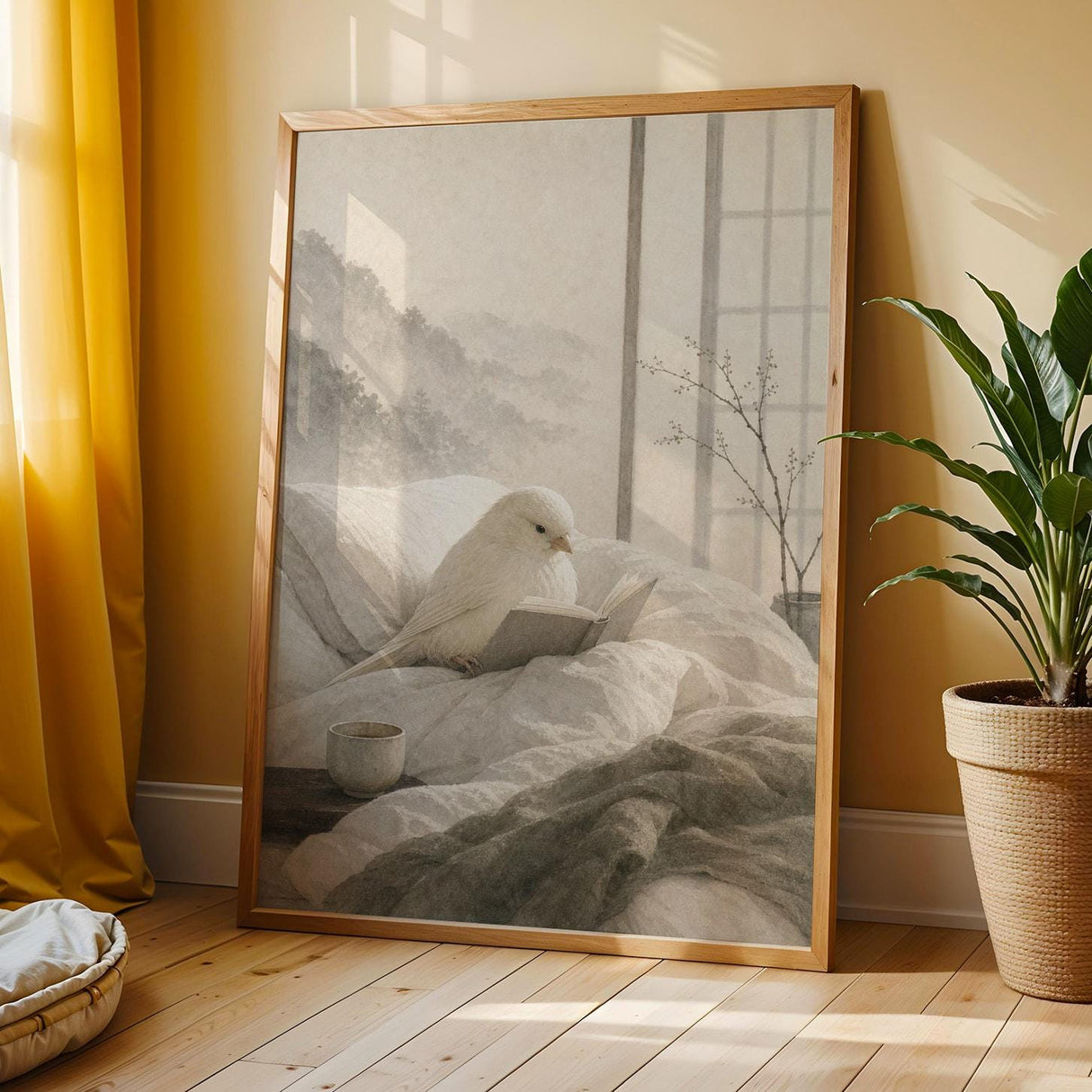 Yorkshire Canary Reading in Bed Poster | Japanese Zen Ink Wash Bird Wall Art | Warm Ivory Fog Gray Decor | Minimalist Bedroom Print