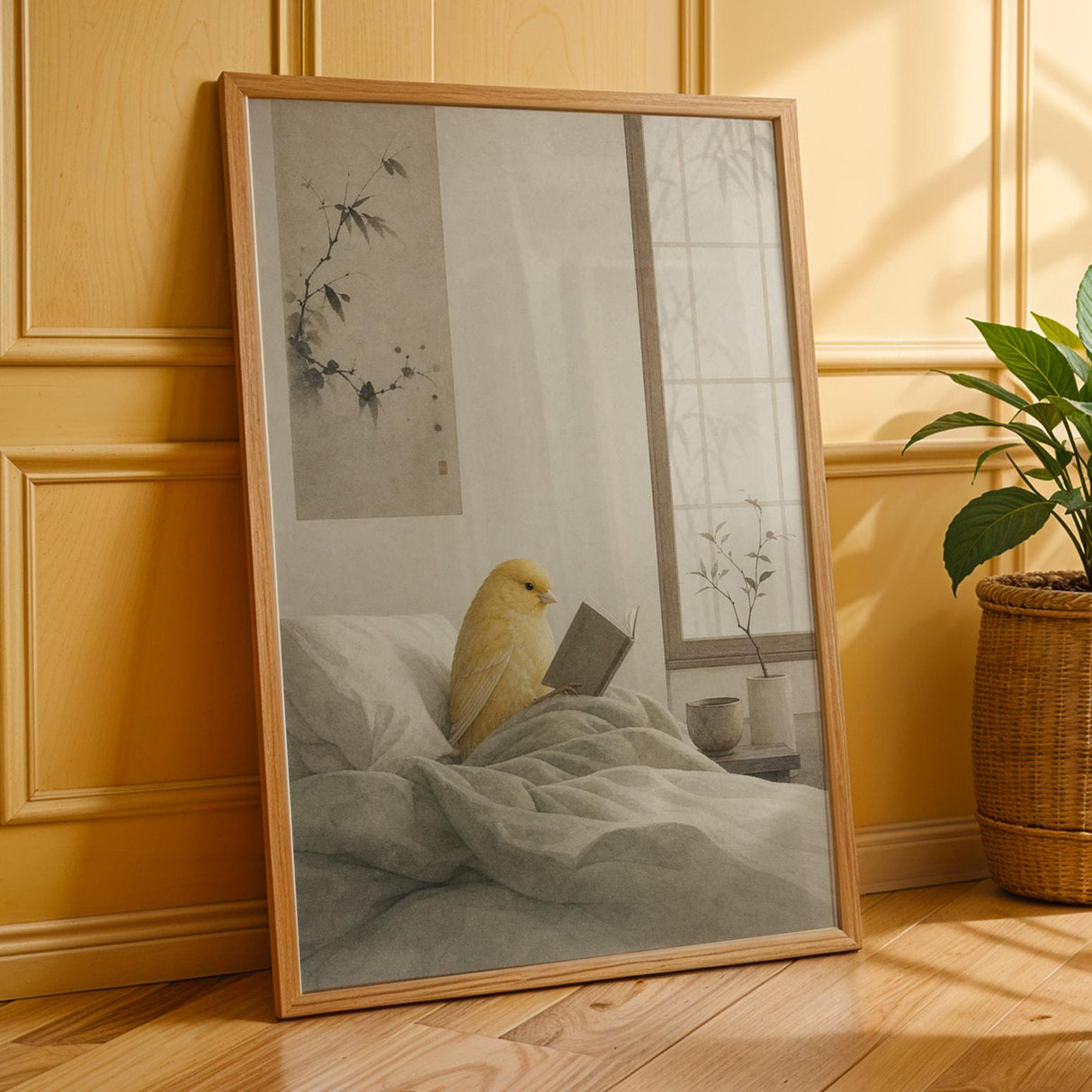 American Singer Canary Reading in Bed Poster | Japanese Zen Sumi-e Bird Wall Art | Warm Ivory Fog Gray Decor | Minimalist Bedroom Print