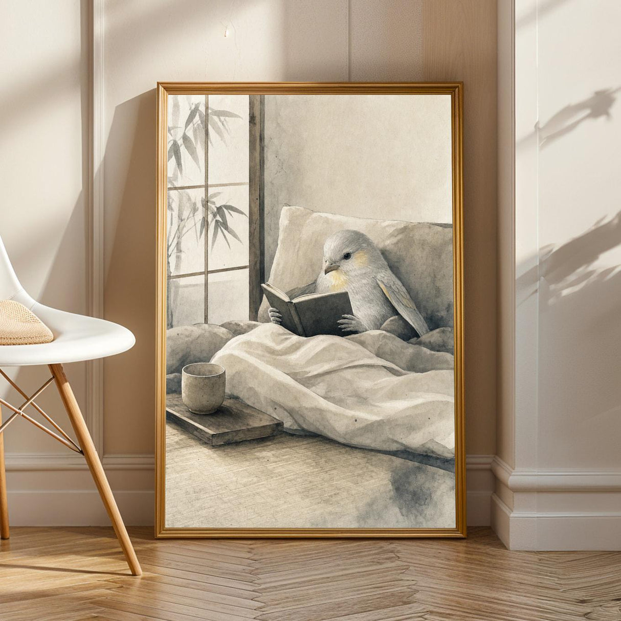 Silver Lizard Canary Reading in Bed Poster | Japanese Zen Sumi-e Bird Wall Art | Warm Ivory Fog Gray Decor | Minimalist Bedroom Print
