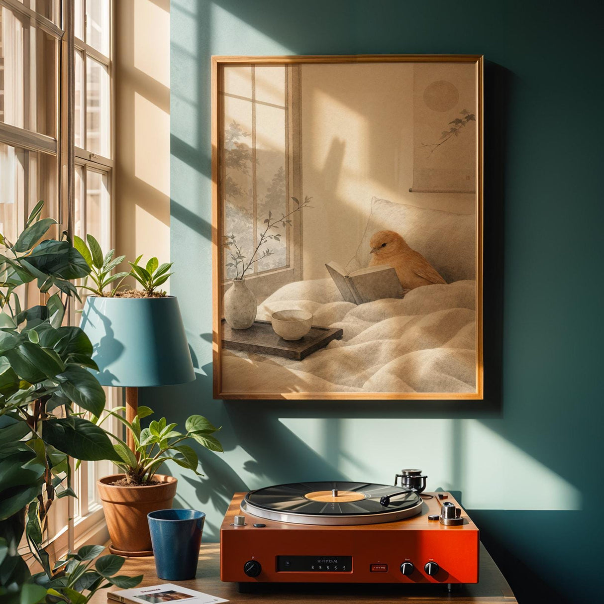 Cinnamon Canary Reading in Bed Poster | Japanese Zen Sumi-e Bird Wall Art | Warm Ivory Neutral Decor | Minimalist Bedroom Print