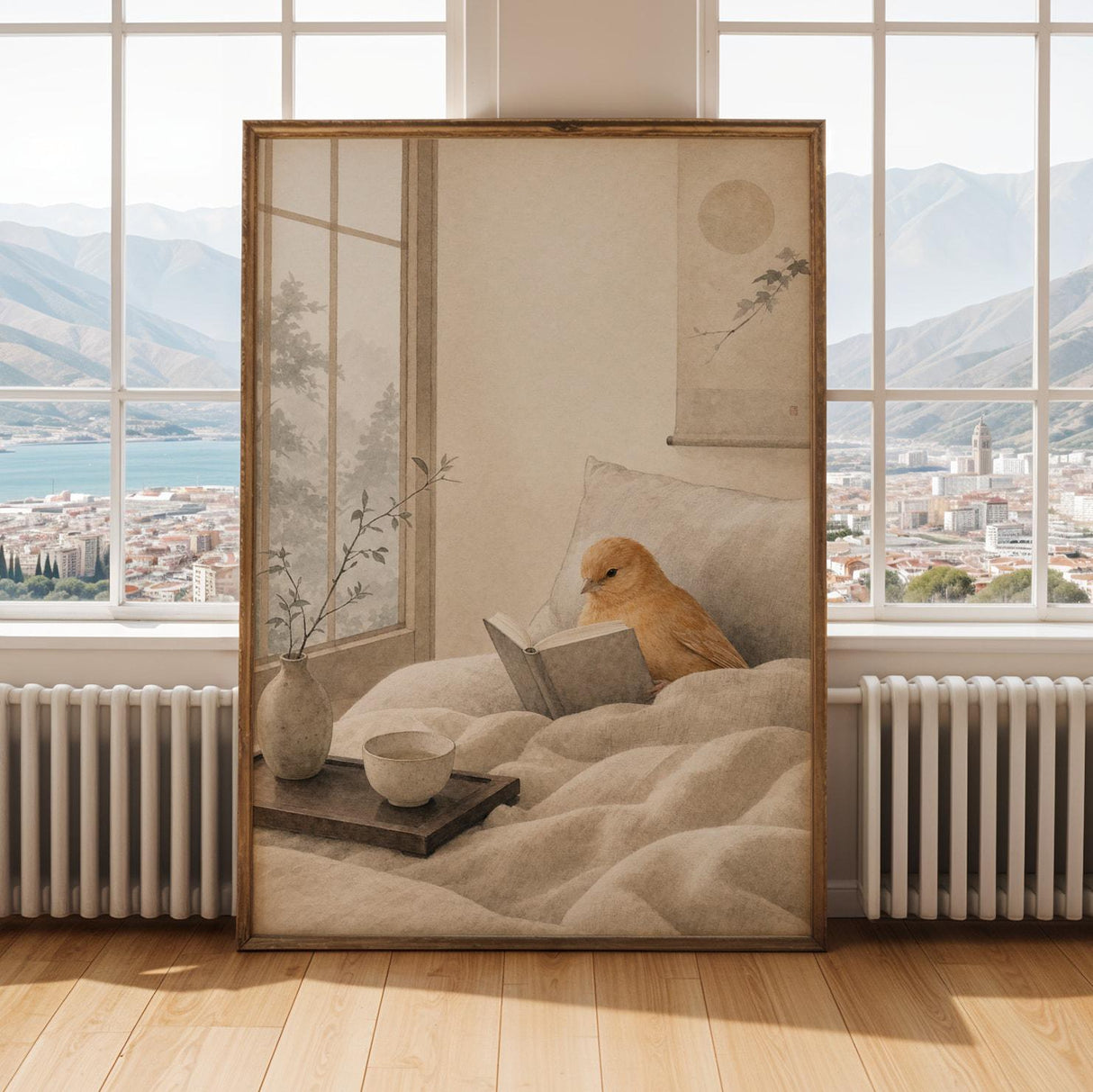 Cinnamon Canary Reading in Bed Poster | Japanese Zen Sumi-e Bird Wall Art | Warm Ivory Neutral Decor | Minimalist Bedroom Print