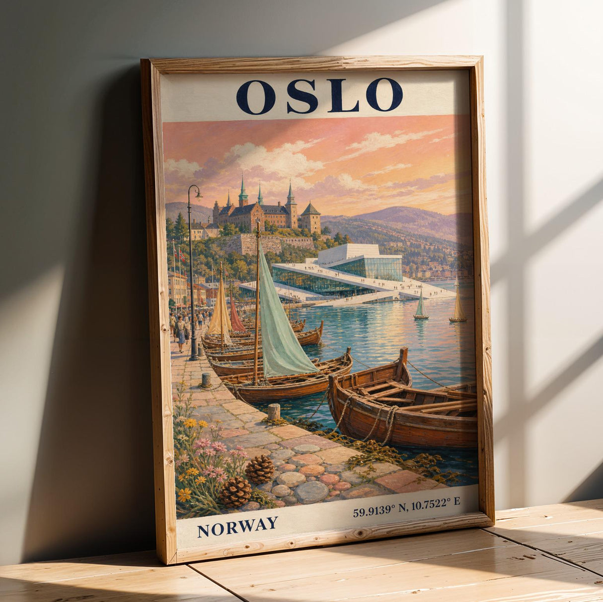 Oslo Harbor Travel Poster | Vintage Norway Wall Art Print | Navy Blue Cream Sailboat Cityscape | Scandinavian Coastal Decor | Travel Gift