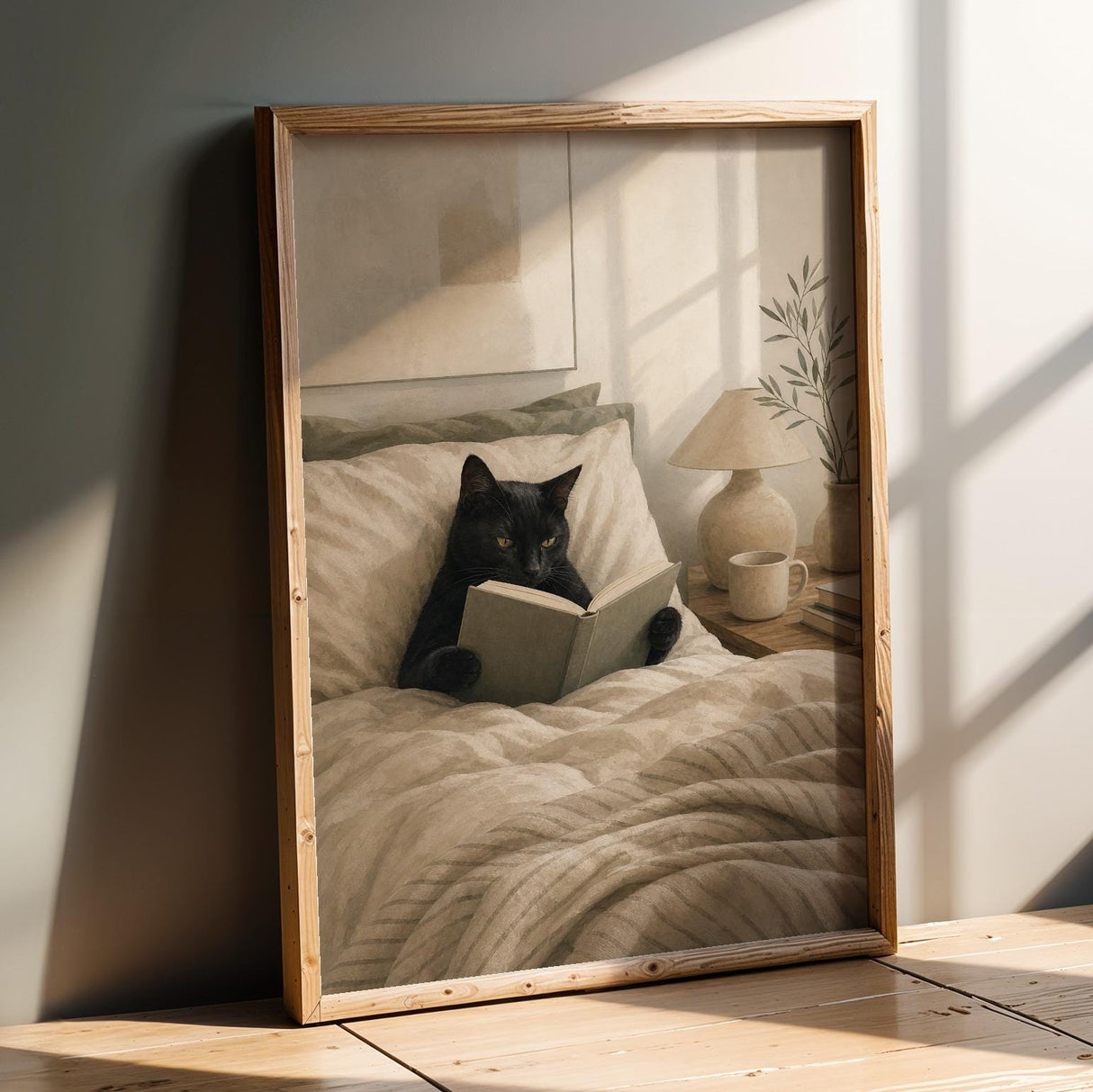 Black Cat Reading in Bed Poster | Modern Minimalist Cat Wall Art | Cozy Bedroom Decor Print | Neutral Contemporary Home Art | Cat Lover Gift