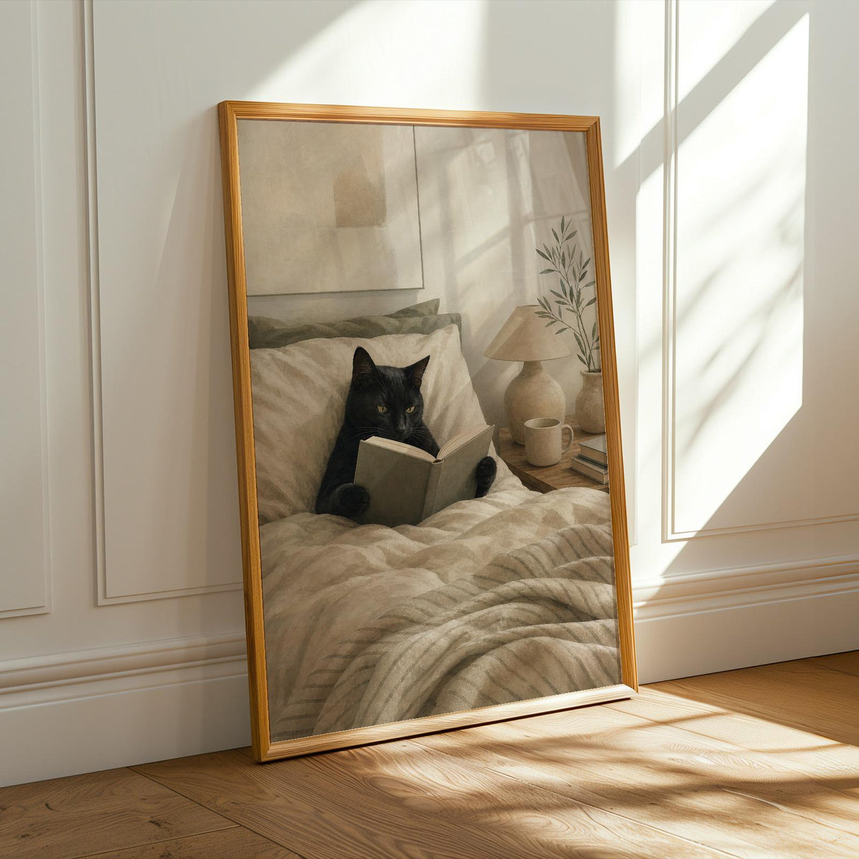 Black Cat Reading in Bed Poster | Modern Minimalist Cat Wall Art | Cozy Bedroom Decor Print | Neutral Contemporary Home Art | Cat Lover Gift