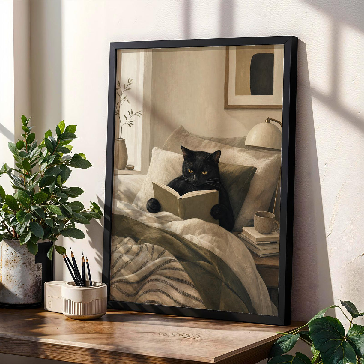Bombay Cat Reading in Bed Poster | Modern Gouache Cat Wall Art | Warm Beige Oat Milk Decor | Cozy Minimalist Bedroom Print | Cat Lover Gift