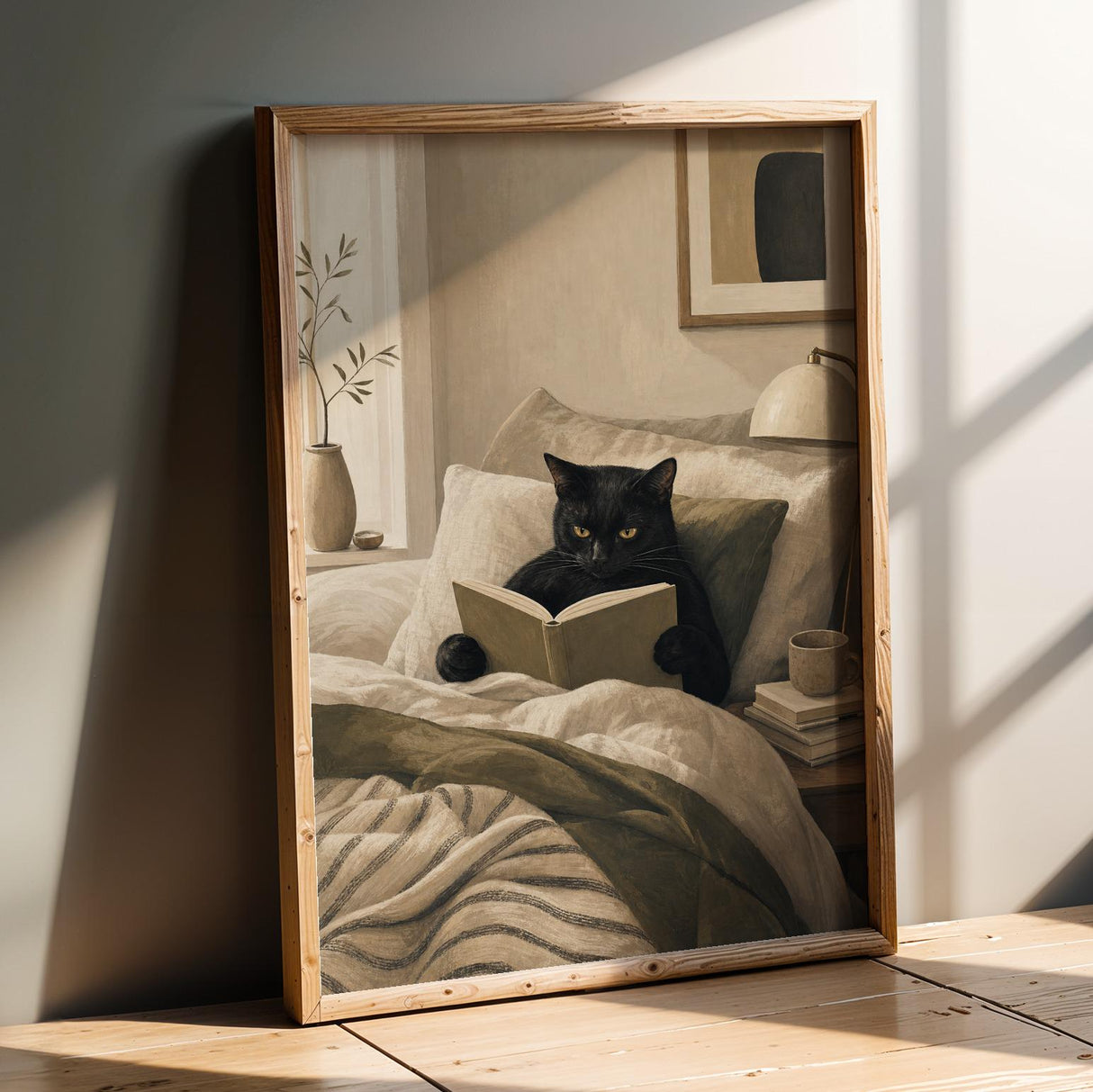 Bombay Cat Reading in Bed Poster | Modern Gouache Cat Wall Art | Warm Beige Oat Milk Decor | Cozy Minimalist Bedroom Print | Cat Lover Gift