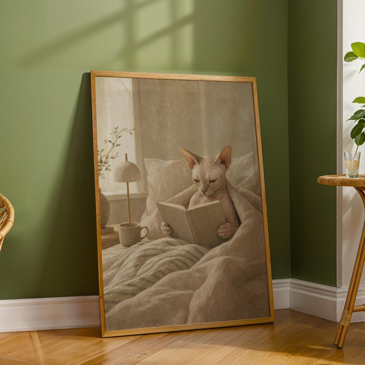 Sphynx Cat Reading in Bed Poster | Modern Gouache Cat Wall Art | Warm Beige Oat Milk Decor | Cozy Minimalist Bedroom Print