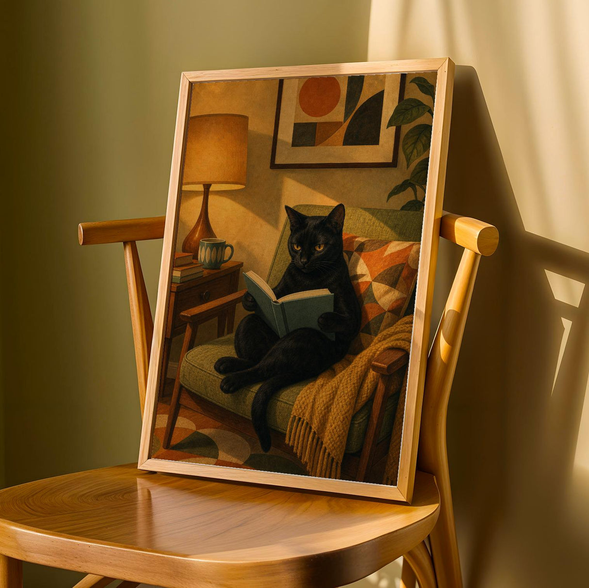 Bombay Cat Reading in Armchair Poster | Retro Modern Cat Wall Art | Yellow Decor | Cozy Mid Century Living Room Print | Cat Lover Gift