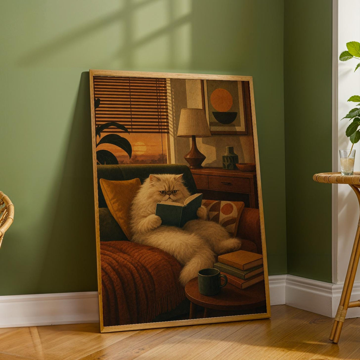 Persian Cat Reading in Armchair Poster | Retro Modern Cat Wall Art | Mustard Yellow Walnut Brown Decor | Cozy Mid Century Living Room Print