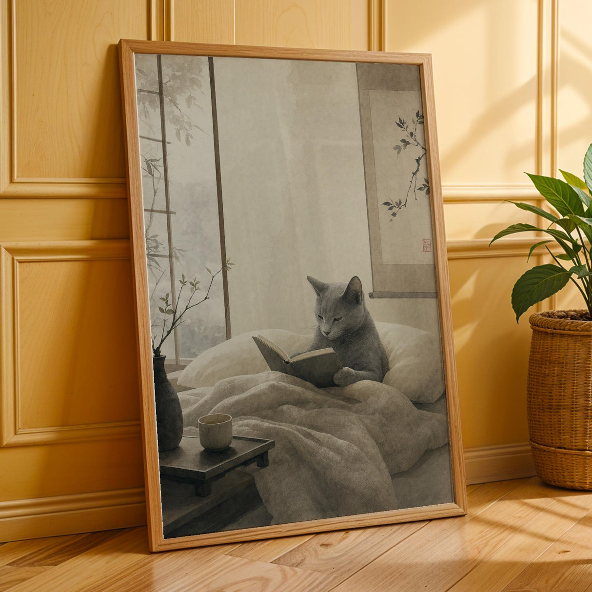 Fog Gray Zen Cat Poster | Modern Sumi-E Paper Print | Russian Blue Cat Wall Print | Japanese Zen Printable Art | Bedroom Decor Posters