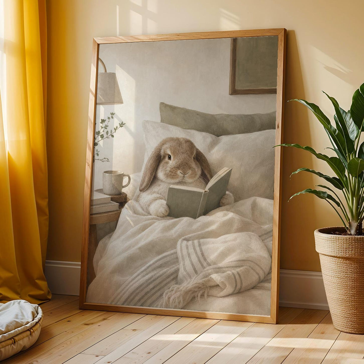 Holland Lop Rabbit Reading in Bed Poster | Scandinavian Gouache Bunny Wall Art | Warm Oat Milk Neutral Decor | Cozy Minimalist Bedroom Print