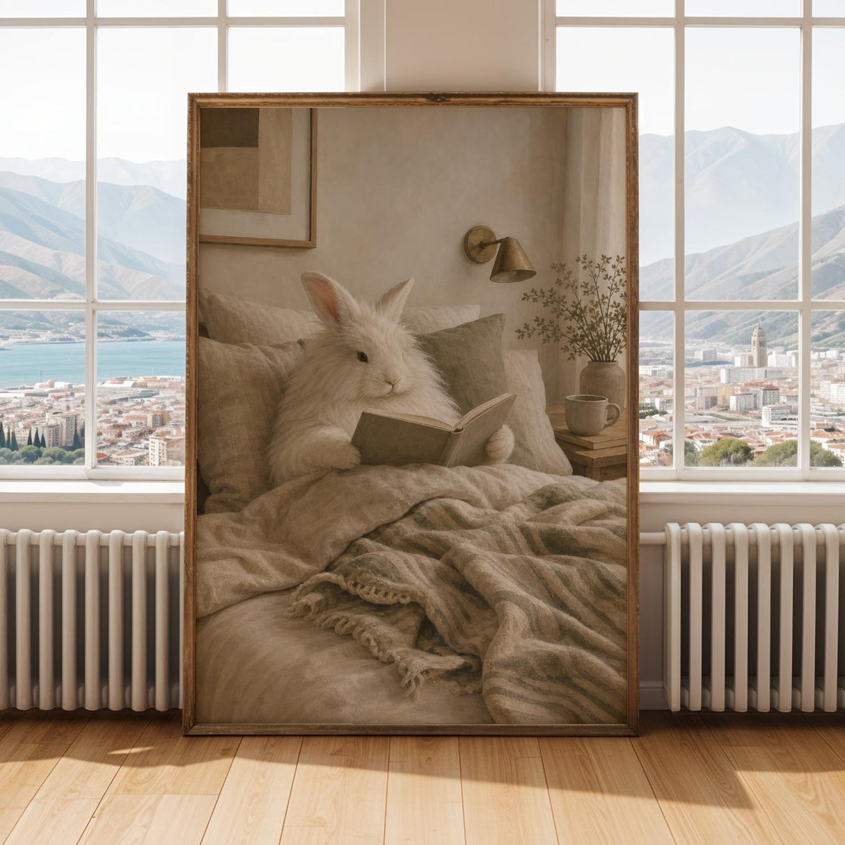 Angora Rabbit Reading in Bed Poster | Scandinavian Gouache Bunny Wall Art | Warm Neutral Nordic Decor | Cozy Minimalist Living Room Print
