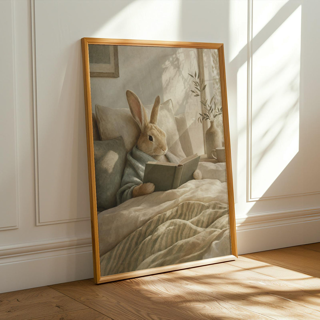 Satin Rabbit Reading in Bed Poster | Scandinavian Gouache Bunny Wall Art | Warm Neutral Nordic Decor | Cozy Minimalist Bedroom Nook Print