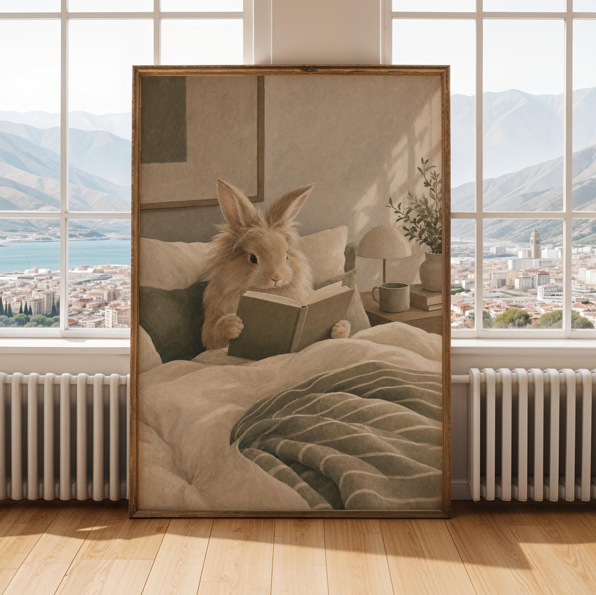 Lionhead Rabbit Reading in Bed Poster | Modern Gouache Bunny Wall Art | Warm Neutral Bedroom Decor Print | Cozy Minimalist Nook Art