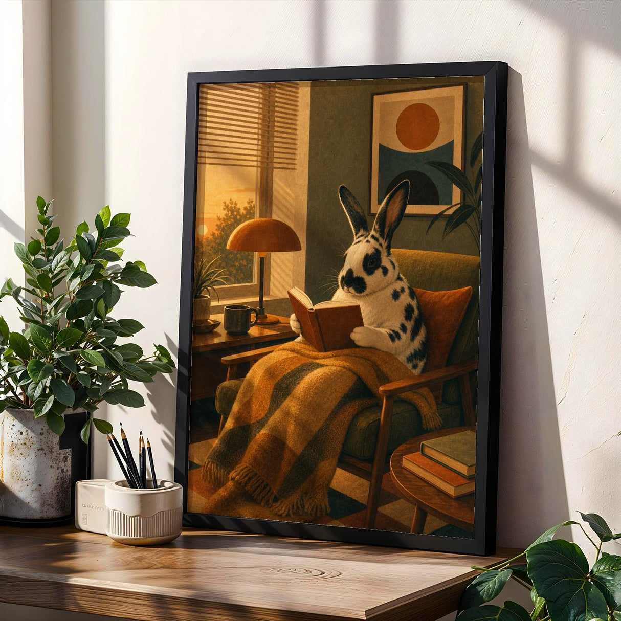Harlequin Rabbit Reading in Armchair Poster | Retro Modern Bunny Wall Art Decor | Cozy Mid Century Living Room Print