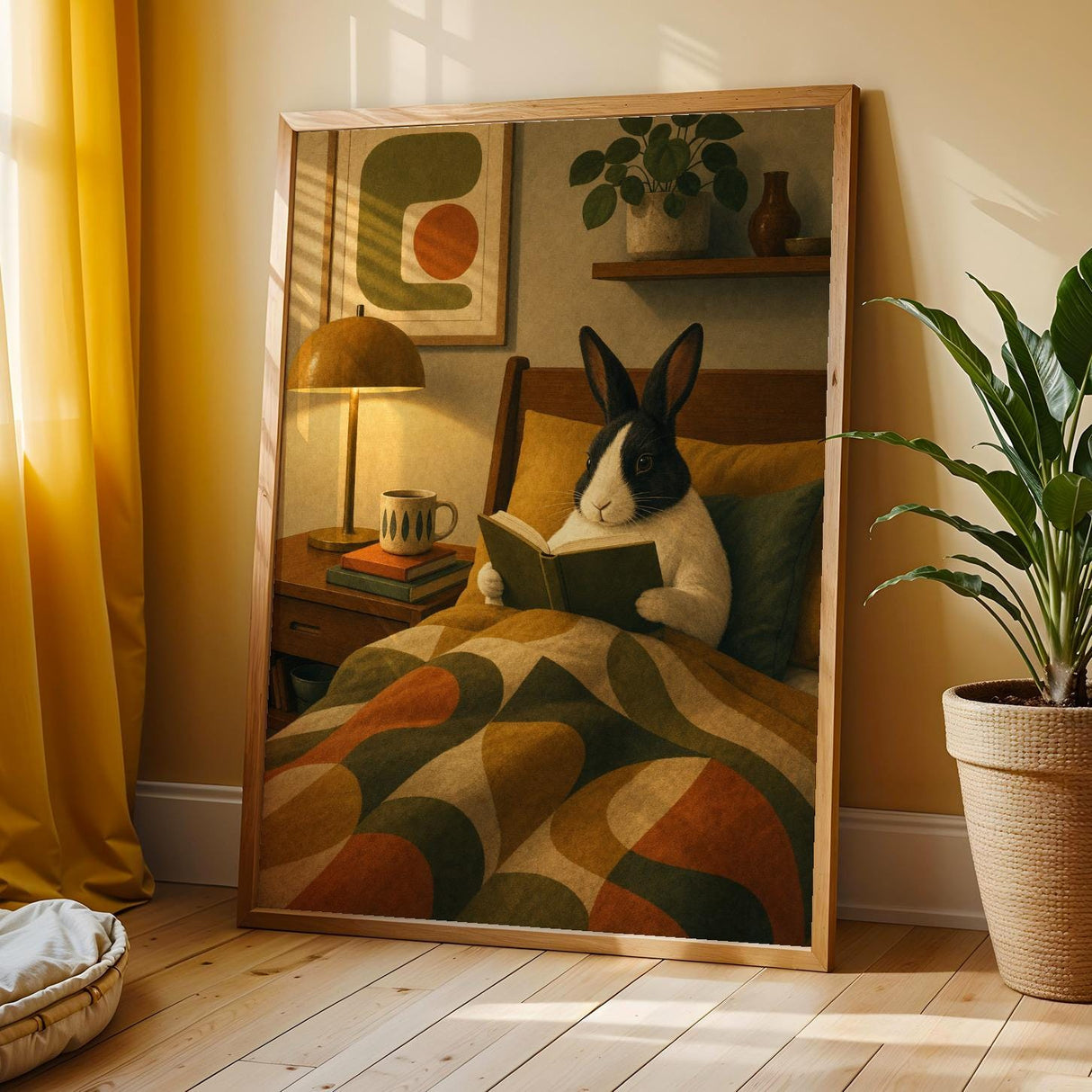 Dutch Rabbit Reading in Armchair Poster | Mid Century Retro Bunny Wall Art | Yellow Green Decor | Cozy Modern Living Room Print
