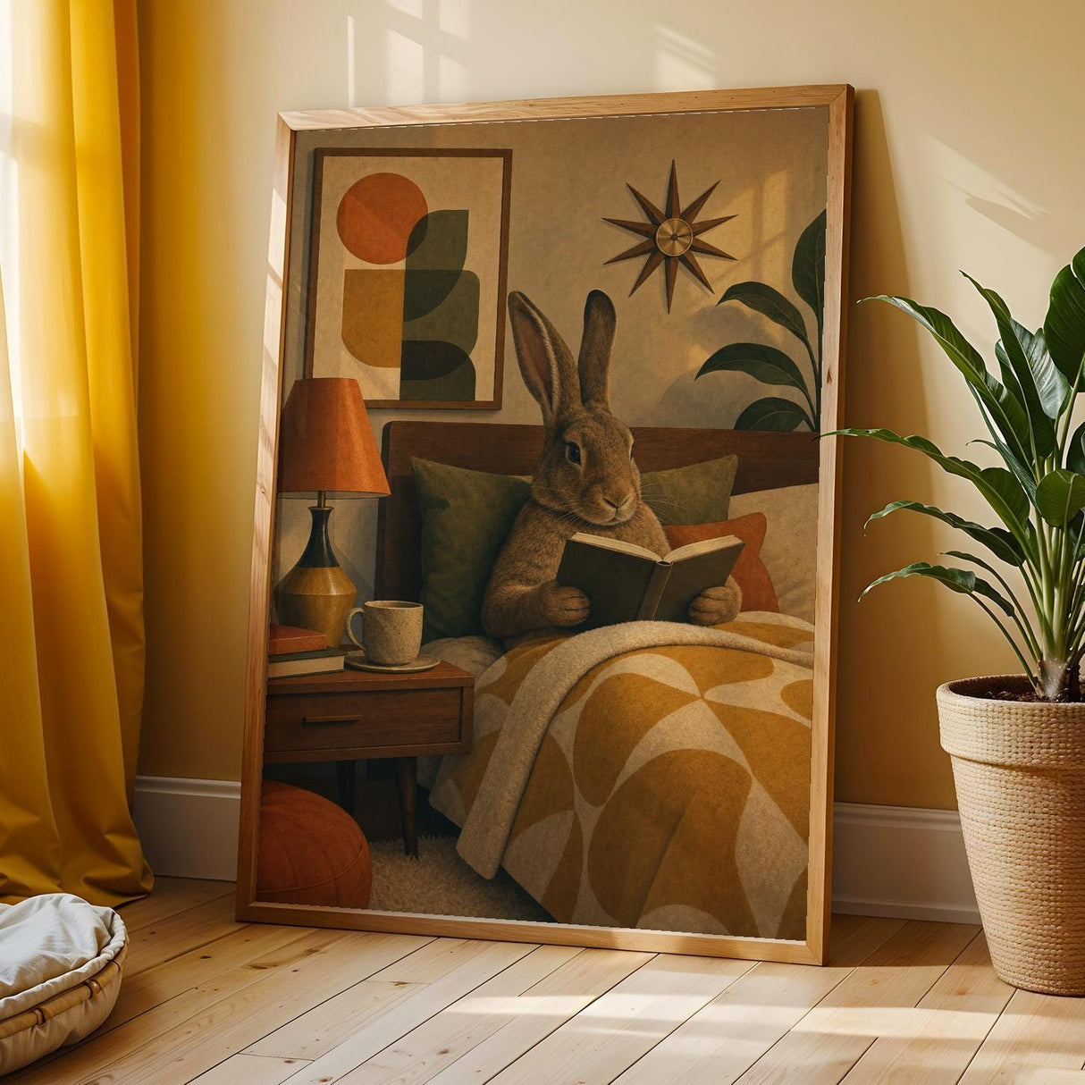 Flemish Giant Rabbit Reading in Bed Poster | Modern Cream Olive Bunny Wall Art | Cozy Bedroom Decor Print | Minimalist Scandinavian Home Art