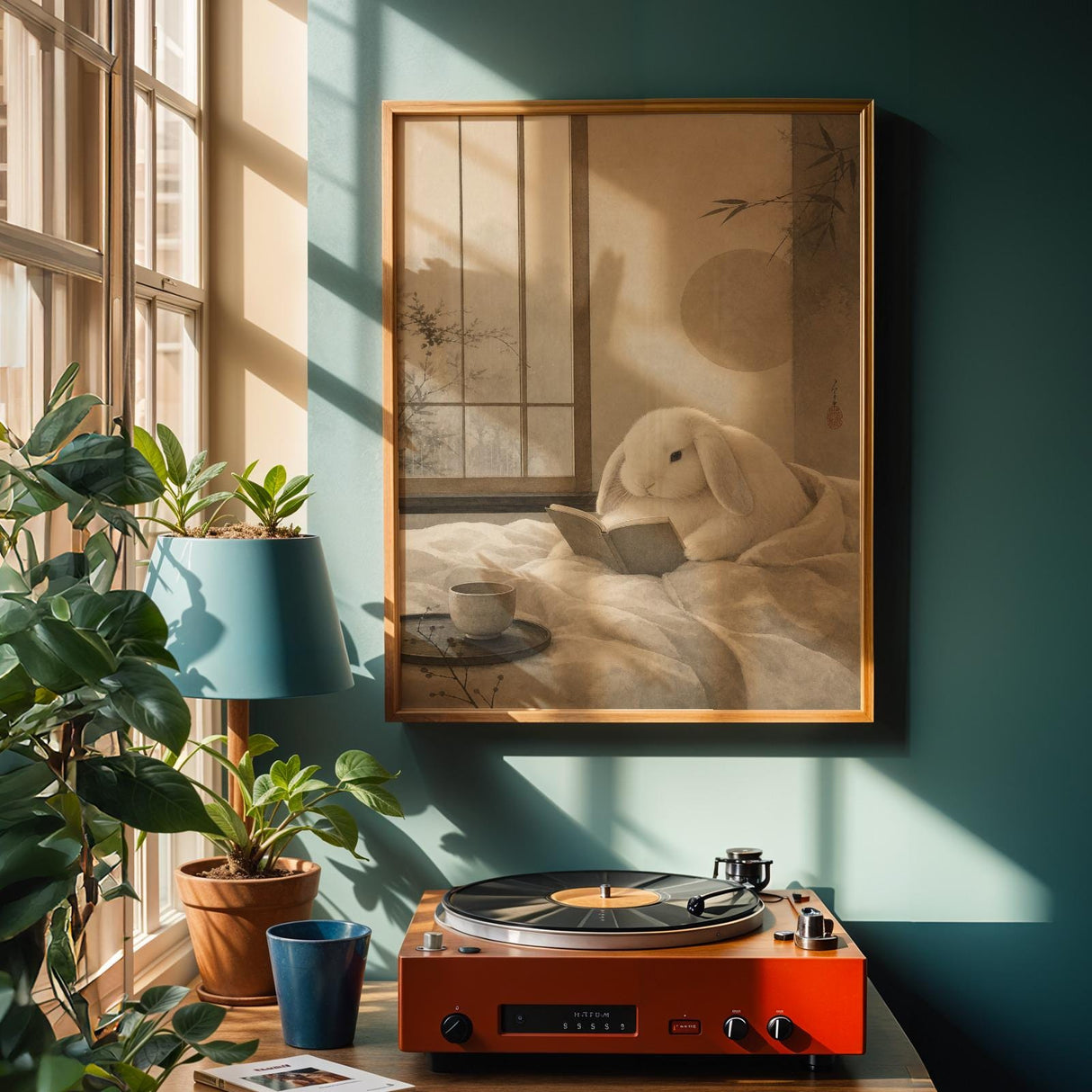 Holland Lop Rabbit Reading in Bed Poster | Japanese Zen Sumi-e Bunny Wall Art | Warm Ivory Fog Gray Decor | Minimalist Bedroom Print