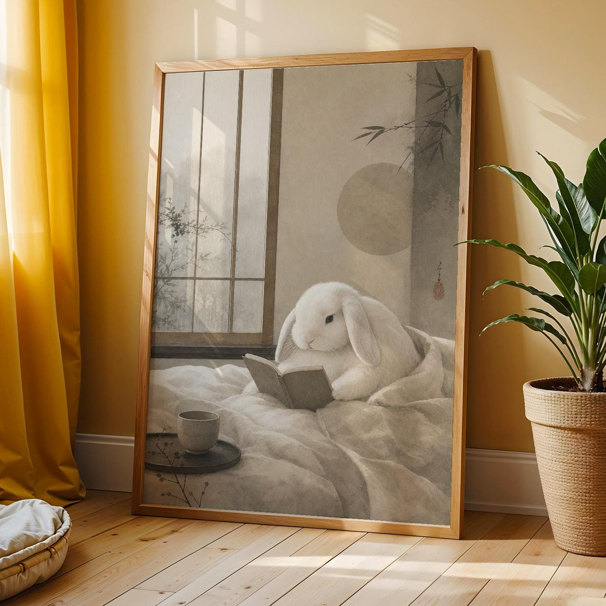 Holland Lop Rabbit Reading in Bed Poster | Japanese Zen Sumi-e Bunny Wall Art | Warm Ivory Fog Gray Decor | Minimalist Bedroom Print