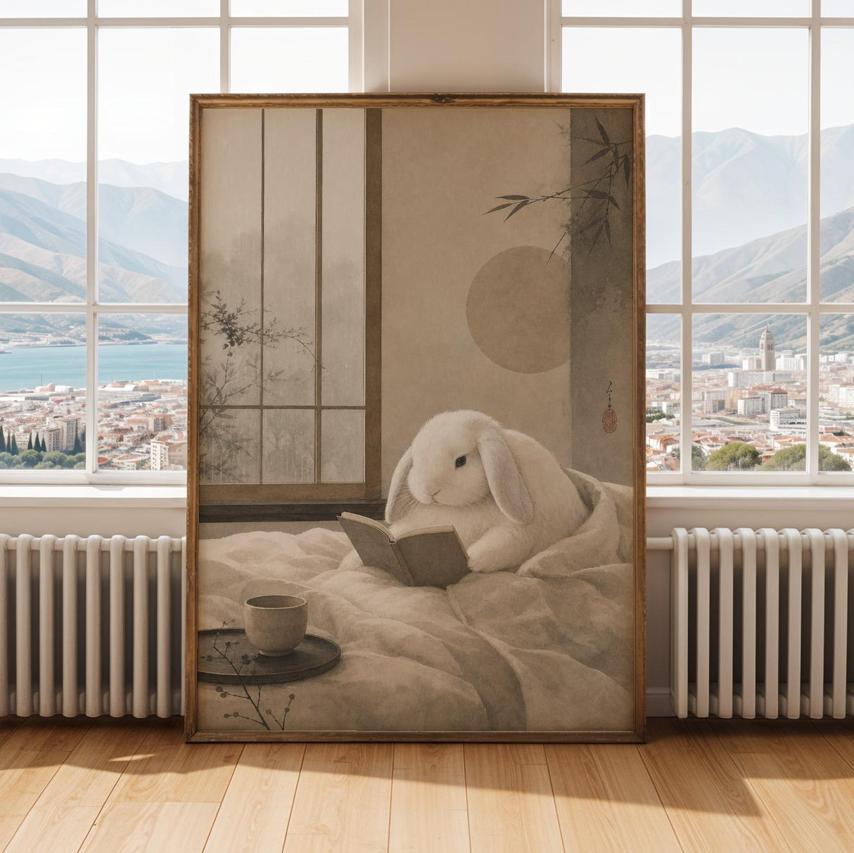 Holland Lop Rabbit Reading in Bed Poster | Japanese Zen Sumi-e Bunny Wall Art | Warm Ivory Fog Gray Decor | Minimalist Bedroom Print