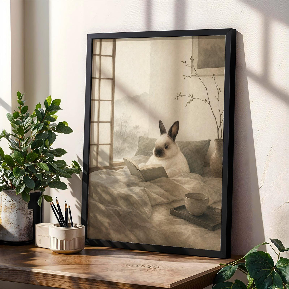 Himalayan Rabbit Reading in Bed Poster | Japanese Zen Ink Wash Bunny Wall Art | Warm Ivory Fog Gray Decor | Minimalist Bedroom Print