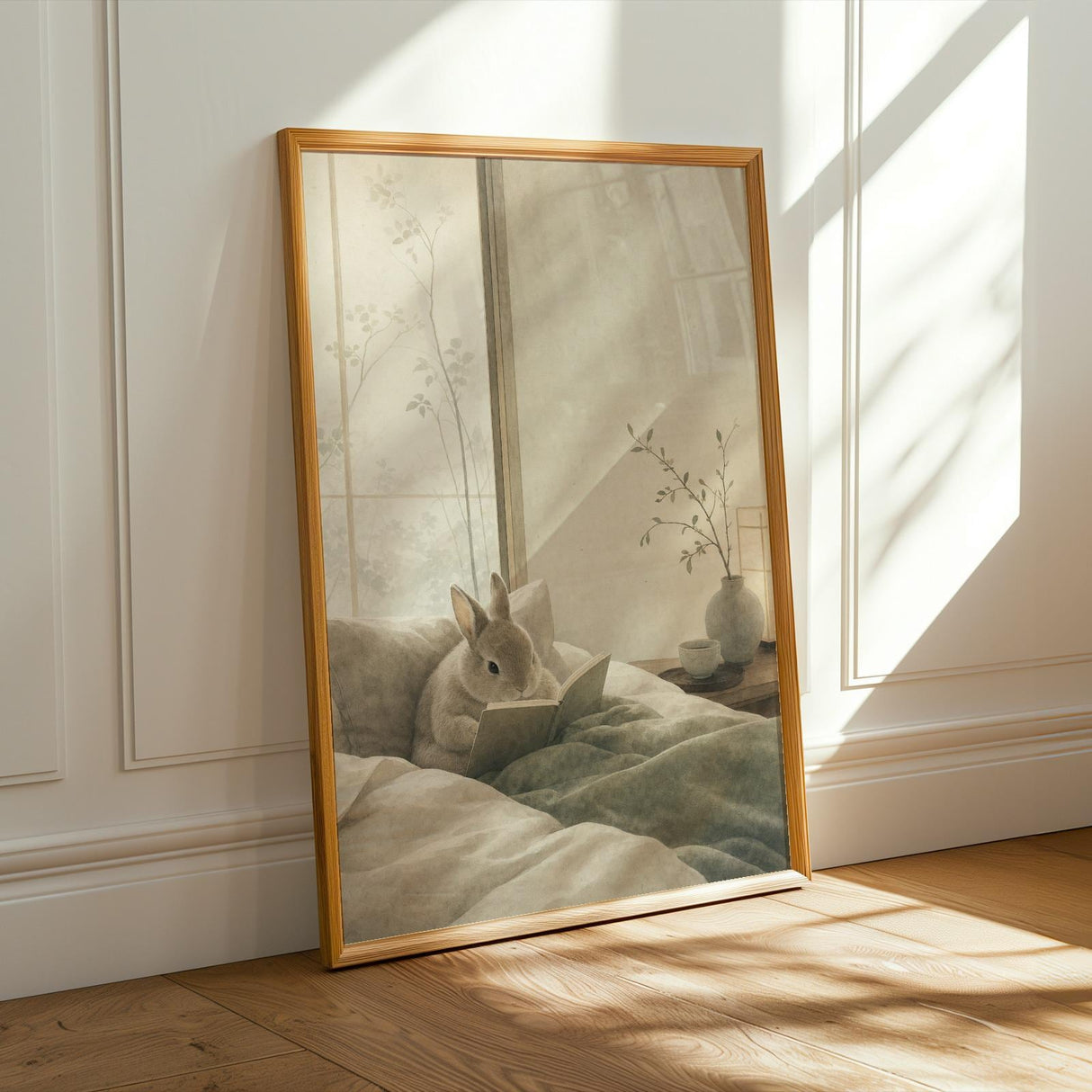 Netherland Dwarf Rabbit Reading in Bed Poster | Japanese Zen Sumi-e Bunny Wall Art | Warm Ivory Fog Gray Decor | Minimalist Bedroom Print