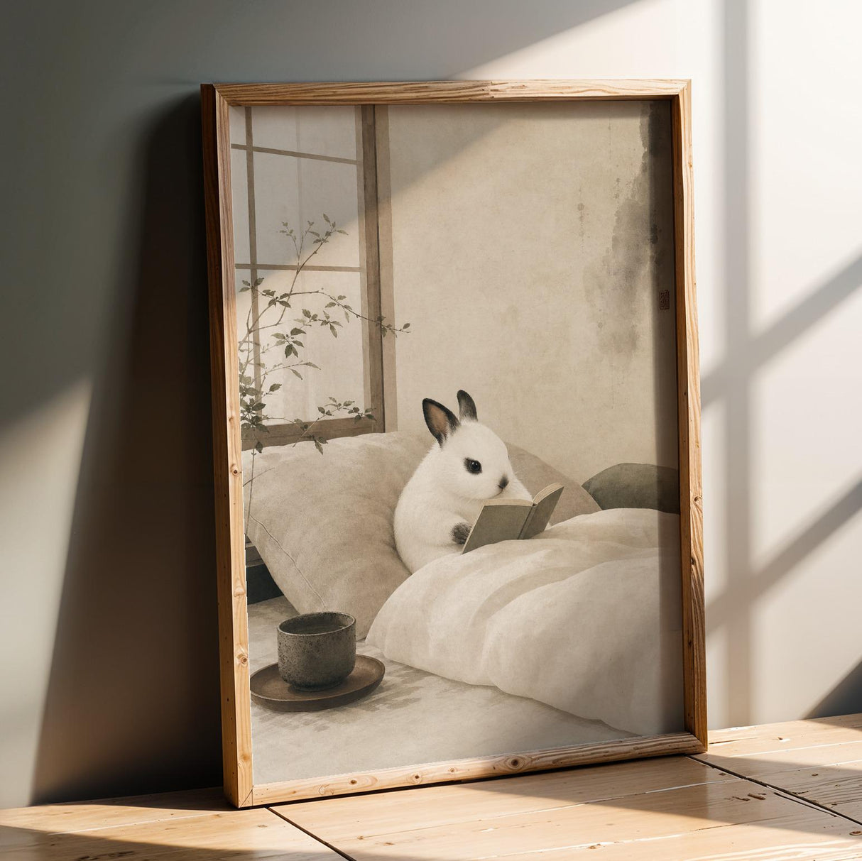 Dwarf Hotot Rabbit Reading in Bed Poster | Japanese Zen Sumi-e Bunny Wall Art | Warm Ivory Fog Gray Decor | Minimalist Bedroom Print