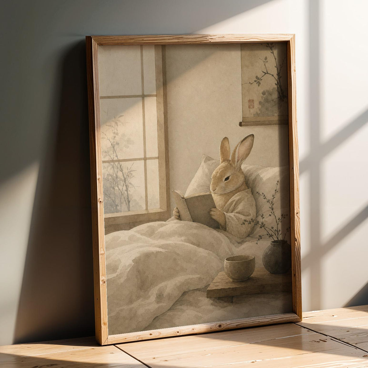 Tan Rabbit Reading in Bed Poster | Japanese Zen Sumi-e Bunny Wall Art | Warm Ivory Neutral Decor | Minimalist Ink Wash Bedroom Print