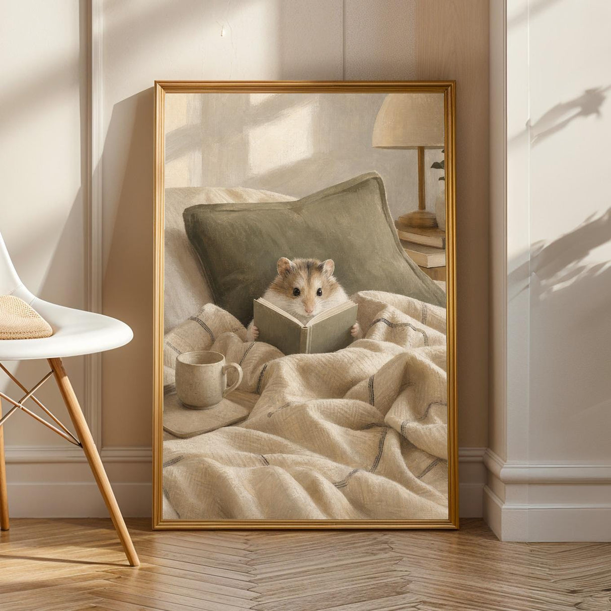 Roborovski Hamster Reading in Bed Poster | Modern Gouache Hamster Wall Art | Warm Beige Oat Milk Decor | Cozy Minimalist Bedroom Print