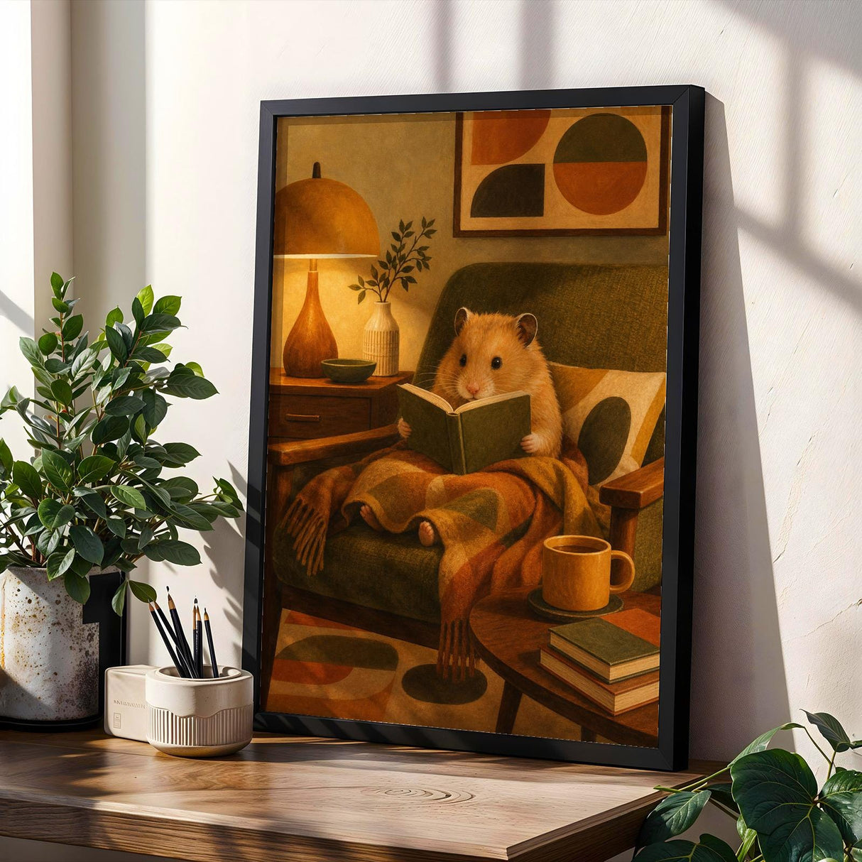 Golden Syrian Hamster Reading in Armchair Poster | Retro Modern Hamster Wall Art | Yellow Orange Decor | Cozy Mid Century Living Room Print