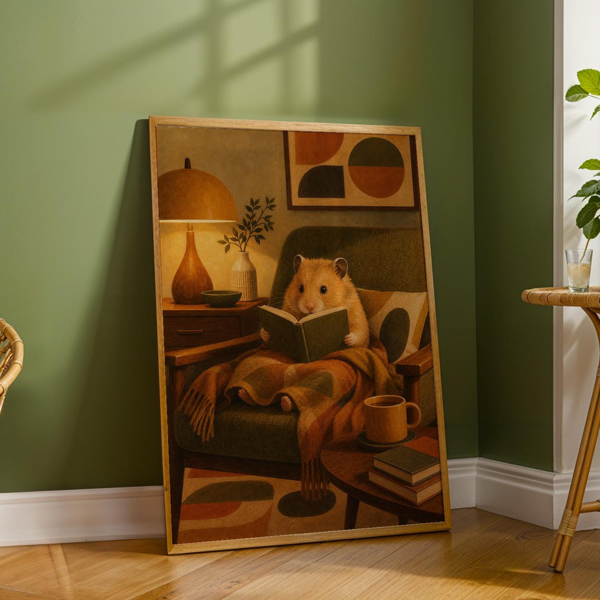 Golden Syrian Hamster Reading in Armchair Poster | Retro Modern Hamster Wall Art | Yellow Orange Decor | Cozy Mid Century Living Room Print