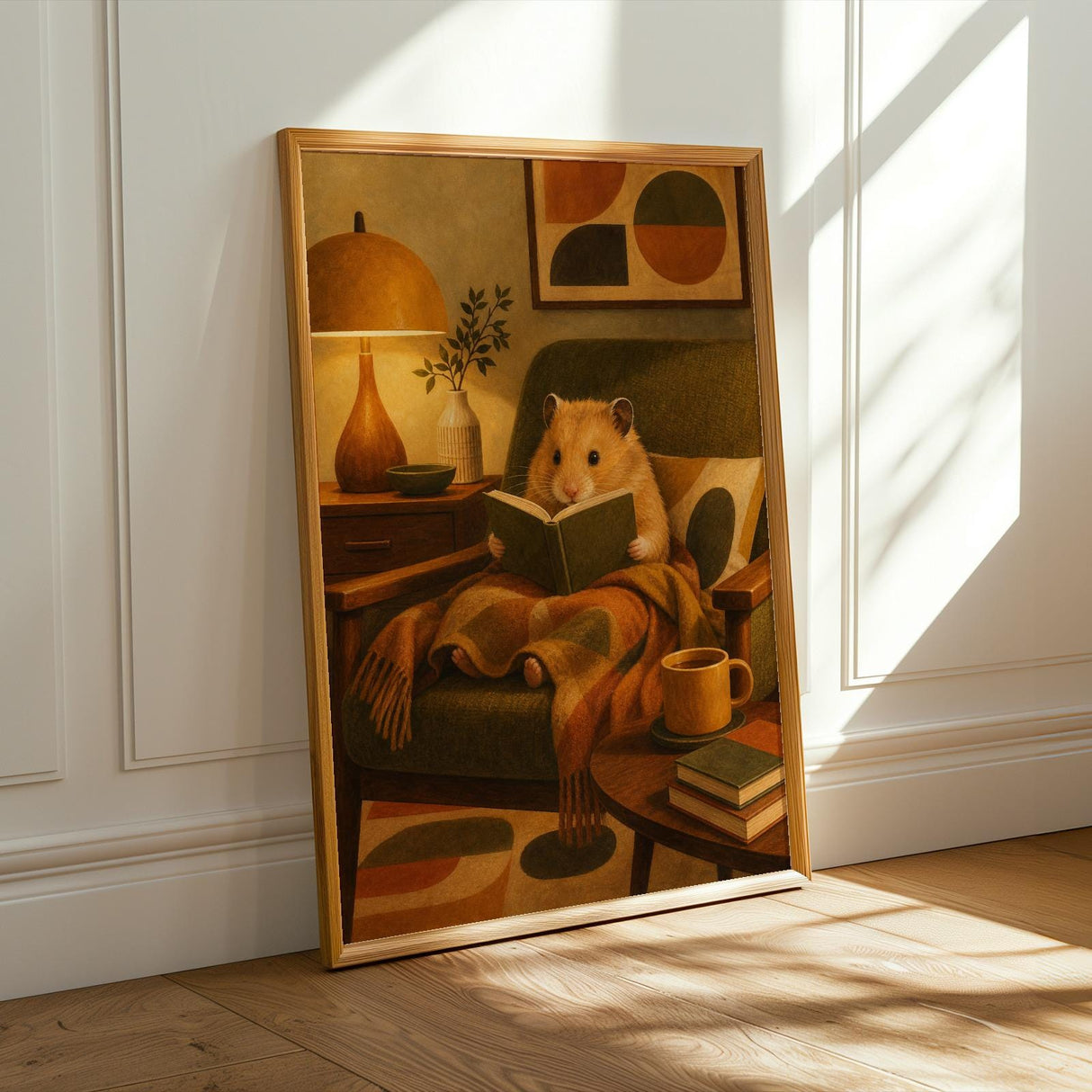 Golden Syrian Hamster Reading in Armchair Poster | Retro Modern Hamster Wall Art | Yellow Orange Decor | Cozy Mid Century Living Room Print
